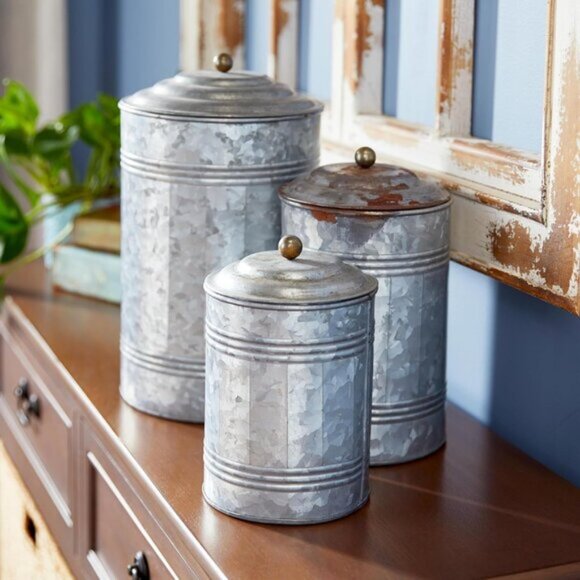 New Set of 3 Decorative 12, 9, 8 Inch Metal Jars with Gold Ball Knobs - Gray